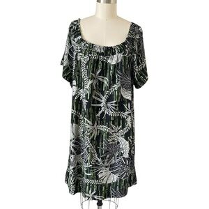 Women's Black & Green Tropical Print Short Sleeve Dress